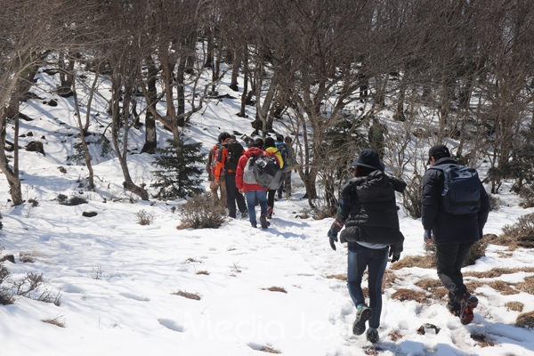 4.3기행 참가자들이 노로오름 정상을 향해 눈밭을 헤치며 걷고 있다. ⓒ 미디어제주