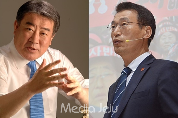 더불어민주당 김우남 예비후보(왼쪽)와 문대림 예비후보. ⓒ 미디어제주