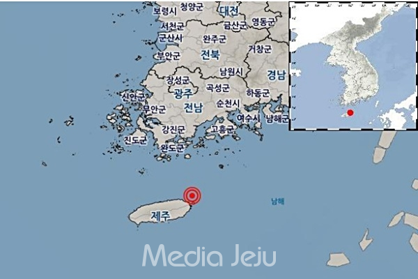 28일 오후 4시 21분 56초께 제주시 동북동쪽 40km 해역에서 발생한 지진 위치. [기상청]