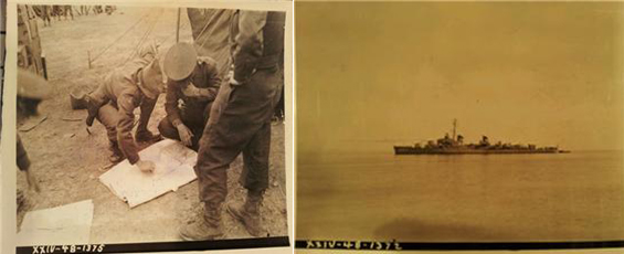 한국경비대 미군자문관이 진압계획을 점검하고 있는 모습(1948. 5.15 Mootz 촬영, NARA, 사진 왼쪽)과 1945년 5월 15일 제주항에서 촬영된 미군 함정(Mootz 촬영, NARA).