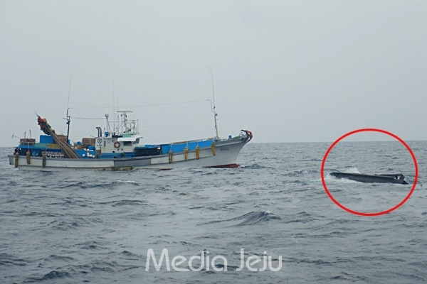 2일 오후 제주 우도 동쪽 약 7km 해상에서 어선 2척이 충돌했다. 사진 붉은 색 원 안이 전복된 성산선적 H호(2.28t, 승선원 2명). [제주해양경찰서]