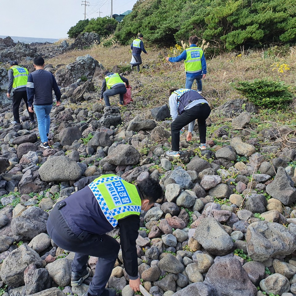 서귀포시자치경찰 주민봉사대원들이 해안가에 쓰레기들을 줍고 있다.