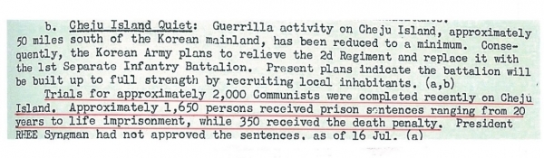 1949년 사면정책에 의해 하산한 2천명을 ‘공산주의자들’로 몰아세워 사형 350명 등 중형을 선고했다고 기록한 미 극동군사령부 문서. /사진=제주4.3평화재단