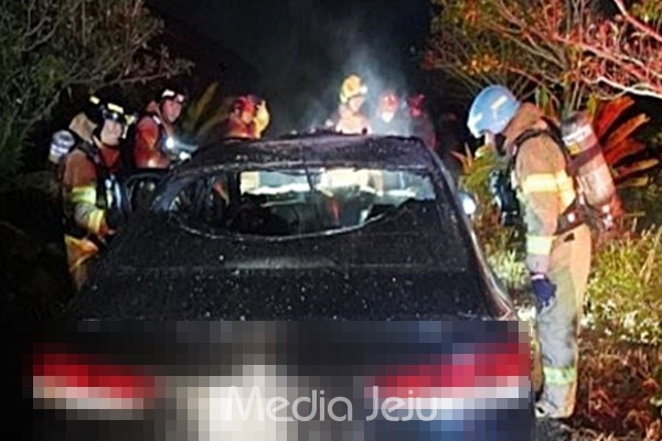 지난 1월 15일 백모(37)씨가 제주시 애월읍에서 빼앗아 불을 지른 택시. [제주도소방안전본부]
