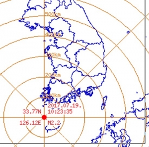 제주시 북서쪽 48km 해역서 2.2규모 지진 발생