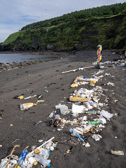 지난 19일 오후 제주 서귀포시 대정읍 송악산 인근 해안에 수많은 해양쓰레기가 떠밀려와 있다. 이처럼 떠밀려온 쓰레기는 해안을 따라 수 km에 걸쳐 이어져 있다. /사진=미디어제주.