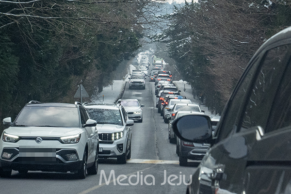27일 1100도로로 진입하려는 차량이 몰리면서 1100도로와 이어지는 산록도로에 극심한 교통혼잡이 발생한 모습. /사진=미디어제주.